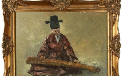 Chinese Oil on Canvas Signed Painting of Musician
