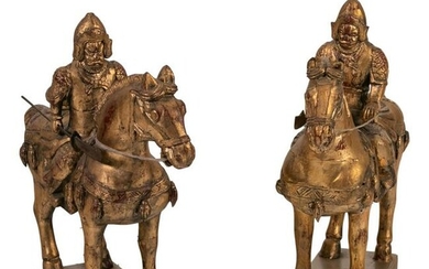 Chinese Tang Horses and Riders Wood Sculpture Pair
