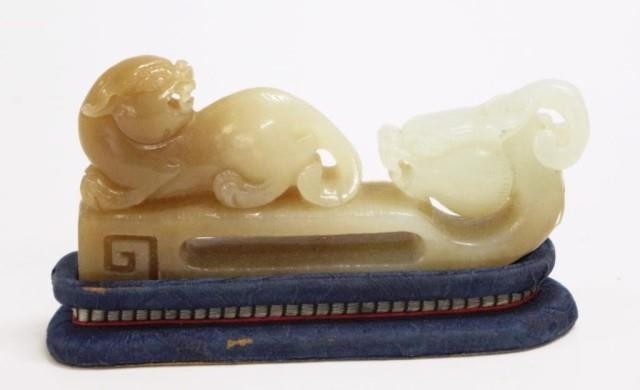 Chinese carved jade mythical creature group on stand, length...
