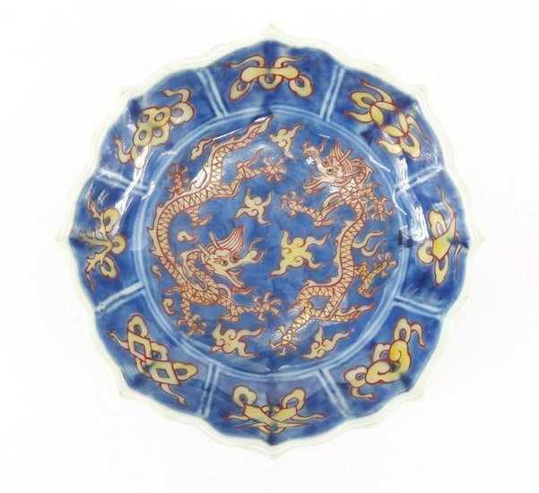 Chinese porcelain lotus flower dish, hand painted with