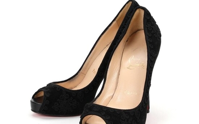 Christian Louboutin A pair of stilettos black suede with embroidery, open toe...