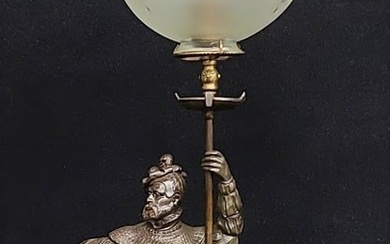 Circa 1870's Gas Table Lamp of Gentleman with sword holding staff. Has cut design 2 5/8" antique gas