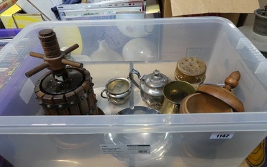 Clear box containing silver coloured tea set and bowl, vintage...