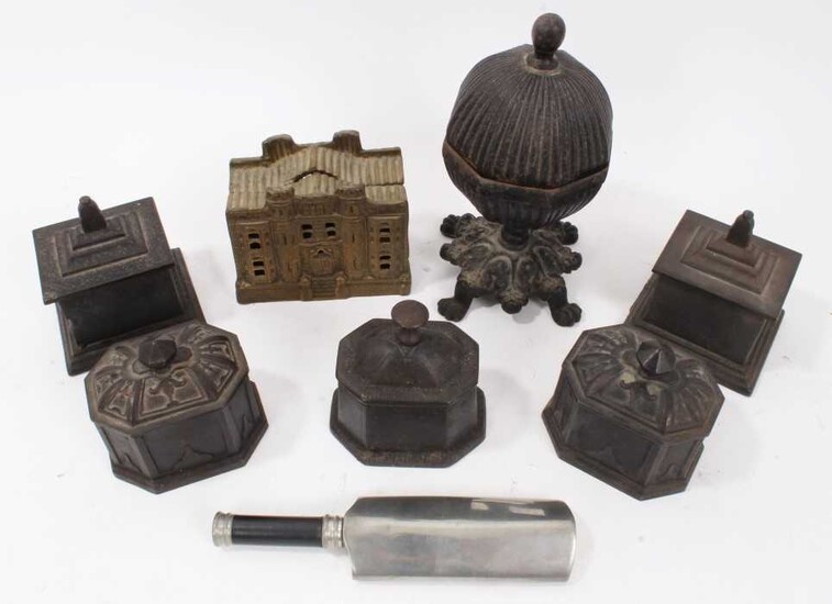 Collection of 19th century cast iron tobacco boxes , Victorian style money box