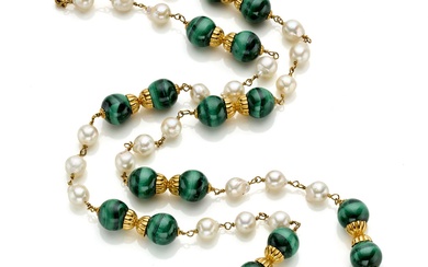 Collier de perles et de malachites en or jaune, g 105.32 circa, longueur cm 84...