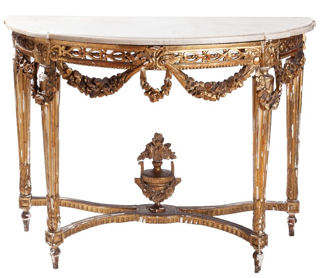 Console "demi-lune" en bois doré de style Louis XVI avec plateau en marbre blanc, XVIIIe...