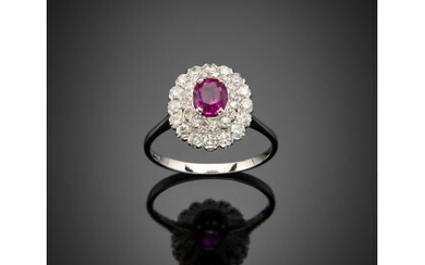 Cushion shape ct. 1.25 circa ruby and diamond white gold cluster ring, diamonds in all ct. 0.65 circa, g 5.14...