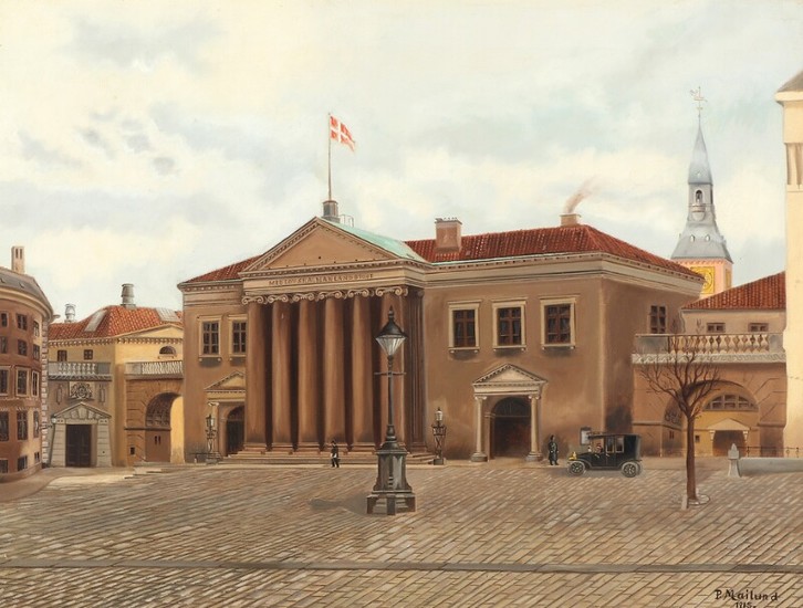 Danish painter, 20th century: Cityscape with persons in front of Copenhagen Court House. Signed and dated P. Mailund, 1915. Oil on canvas. 56×74.5 cm.