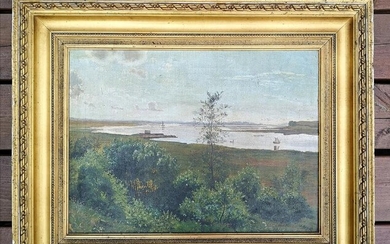 NOT SOLD. Danish painter, 20th century: Landscape from Mariager Fiord. Unsigned. Oil on canvas. Visible size 32.5 x 44 cm. Frame size 47 x 59 cm. Framed. – Bruun Rasmussen Auctioneers of Fine Art