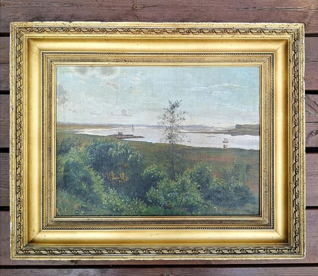 NOT SOLD. Danish painter, 20th century: Landscape from Mariager Fiord. Unsigned. Oil on canvas. Visible size 32.5 x 44 cm. Frame size 47 x 59 cm. Framed. – Bruun Rasmussen Auctioneers of Fine Art