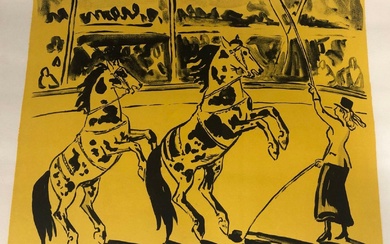 D'après Yves BRAYER (1907-1990). La dompteuse de chevaux sur fond jaune. Lithographie numérotée en bas...