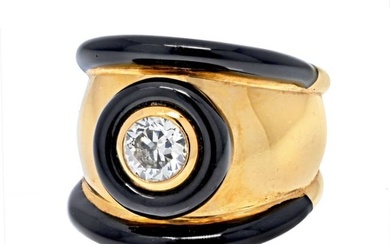 David Webb Platinum & 18K Yellow Gold Single Round Diamond Bezel Set Black Enamel Ring
