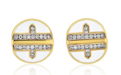 David Webb Platinum & 18K Yellow Gold White Enamel Diamond Metro Collection Earrings