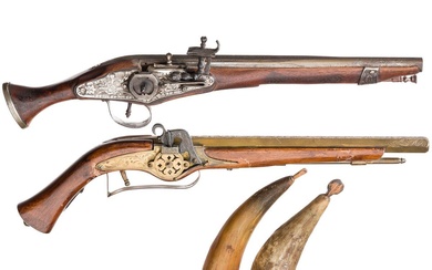 Deux pistolets wheellock décoratifs, 2nd half of the 20th century Canon lisse en laiton de...
