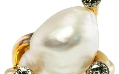 Diamond Baroque Pearl Ring 14K Gold Large Vintage