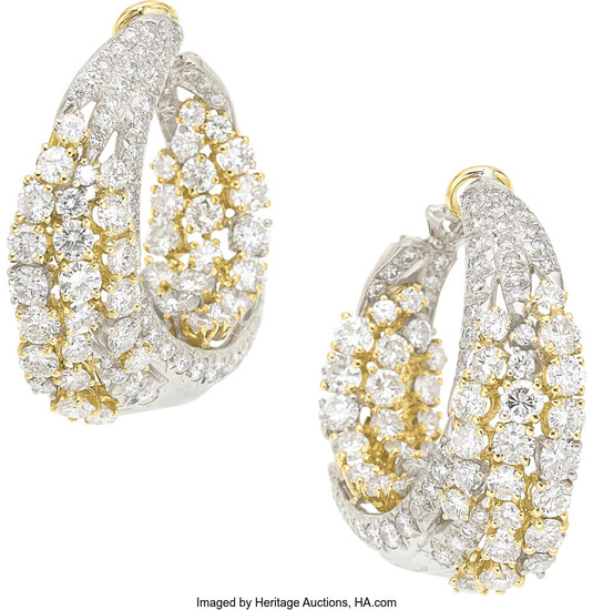 Diamond, Gold Earrings The hoop earrings feature full-cut diamonds...