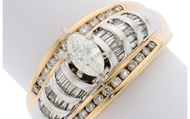 Diamond, Gold Ring The ring features a marquise-shaped diamond...