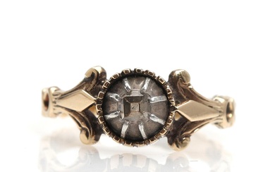 Diamond ring set with a square-cut diamond, mounted in 14k gold and...