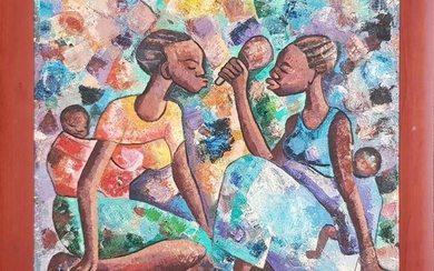 Digna, "Two African Women Carrying Babies " oil on canvas board, 67 x 71 cm (frame: 81 x 85 x 3 cm), signed lower right
