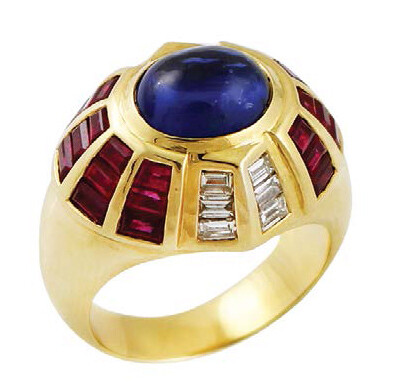 Dome ring in yellow gold with cabochon sapphire,...
