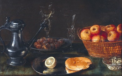 Dutch School 17th century - Still Life with Jug, two Venetian Winged Glasses, Plate with Bread and Lemon and a Basket with Apples