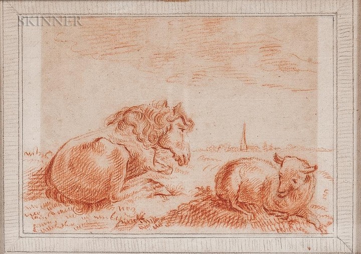 Dutch School, 19th Century Horse and Lamb at Rest. Unsigned. Conte crayon on "HESSELS & VORSTER" watermarked laid paper...