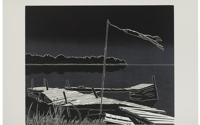EMILY TRUEBLOOD (Virginia/New York/Wisconsin, 1942-), "Night Dock", 1986., Two color woodcut, 16" x