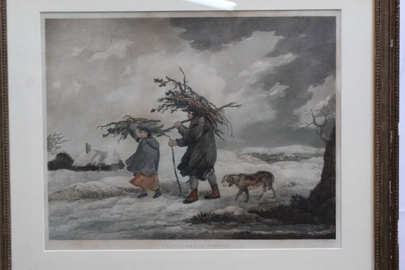 Early 19th century stipple engraving printed in colours by Thomas Williamson after George Morland - Cottagers In Winter, published 1812, 48cm x 59cm, in glazed frame
