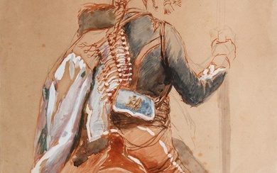 Edouard DETAILLE (1848-1912) "Hussard à cheval". Aquarelle et mine de plomb sur papier, monogrammée en...