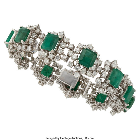 Emerald, Diamond, White Gold Bracelet The bracelet features emerald-cut...