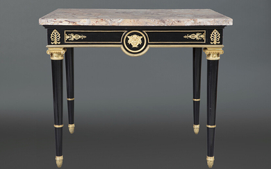 Empire Coffee Table, France, pp. XIX. In ebony wood, with Ionic capitals and applications of mercury bronze in the shape of a Medusa's head and palmettes. Top in sienna marble. Waist drawers. Measurements: 79x70x95 cm. Exit: 2.000