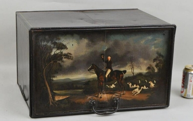 English Painted Tole Coal Bin, Equestrian Scene