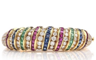 Estate 18K Diamond Sapphire Emerald Ruby Gold Bangle Bracelet