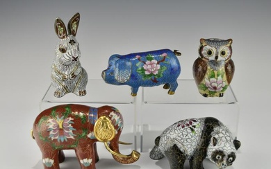 FIVE ANTIQUE/VINTAGE CHINESE CLOISONNE ANIMAL FIGURINES