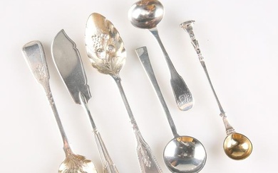 FIVE SILVER SPOONS, AND A SILVER BUTTER KNIFE