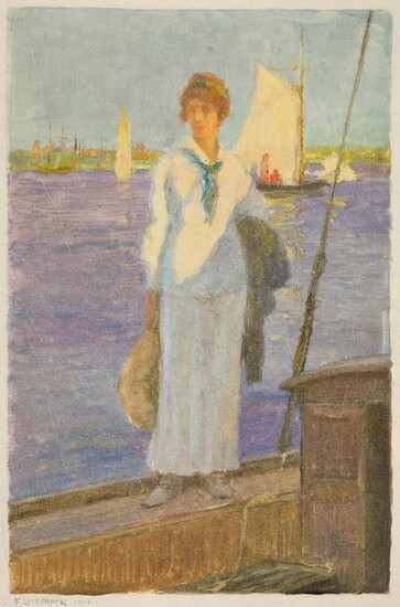 FRANCIS LUIS MORA Woman on a Sailboat at the Water's