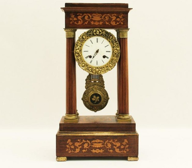 FRENCH MARQUETRY INLAID ROSEWOOD PORTICO CLOCK