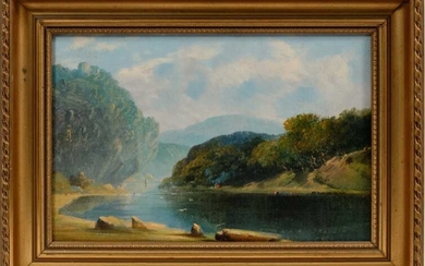 Fearnleigh Leonard Montague (1835-1880) oil on canvas board - Australian Landscape, inscribed verso, 15cm x 23cm, in gilt frame