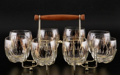 Federal Glass "Harlequin" Roly Poly Glasses with Carrier, Mid-20th Century