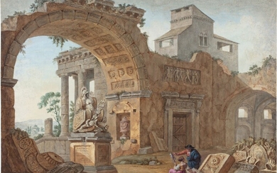 Figures amongst ancient Roman ruins, Charles-Louis Clérisseau
