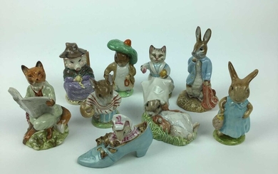 Five Beswick Beatrix Potter figures - Benjamin Bunny, Tabitha Twitchett, The Old Woman who lived in a Shoe, Mrs Flopsy Bunny and Mts Tittlemouse plus four Royal Albert Beatrix Potter figures - Foxy...