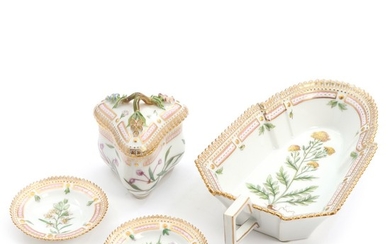 “Flora Danica”. Royal Copenhagen porcelain dish, triangular pot de creme and two ashtrays. (4)