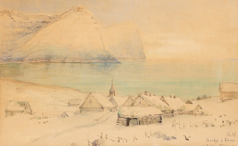 Flora Heilmann: “Bordø & Kunø set fra Vidø”. Coastal scenery from the Faroe Islands. Signed Fl.H. Water colour on paper. Visible size 11×18 cm.