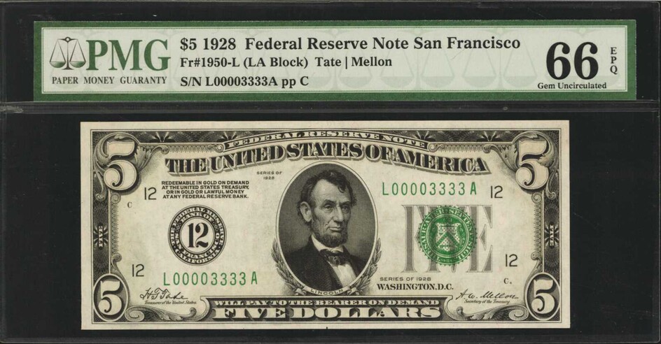 Fr. 1950-L. 1928 $5 Federal Reserve Note. San Francisco. PMG Gem Uncirculated 66 EPQ. Fancy Serial Number.