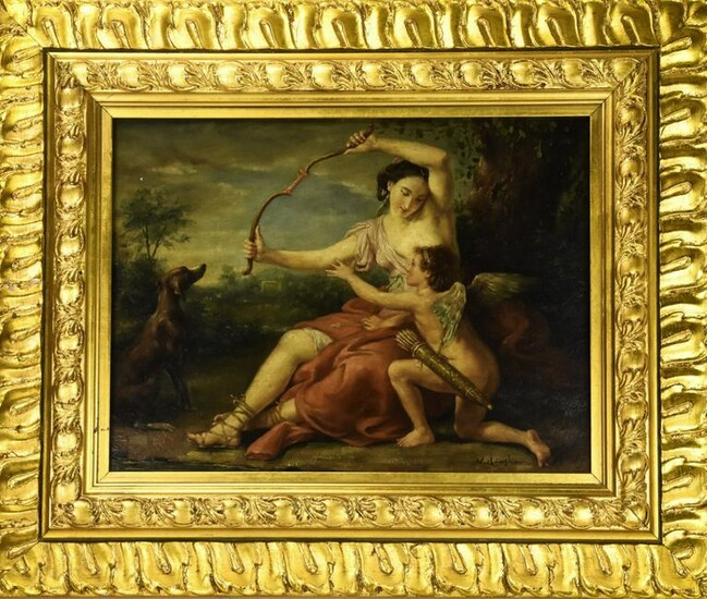 Framed Oil Painting on Board Daphne & Putti