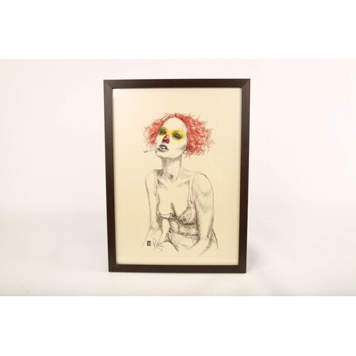 Framed short red hair lady smoking a cigarette (49cm tall x ...