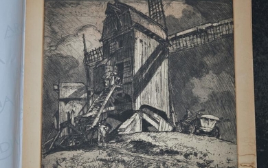 Frank Brangwyn, etching, a flour mill in stormy weather,...