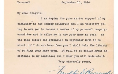 Franklin D. Roosevelt Requests Campaign Assistance in his Bid for Senator