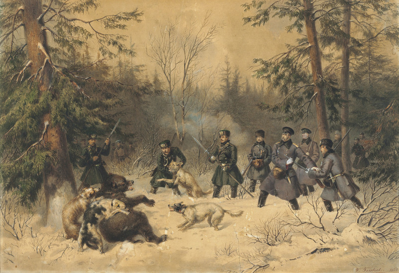 Franz Teichel (b. 1816), Emperor Alexander II (1855-1881) on a bear hunt; and Procession of Alexander II