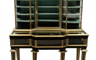 French Brass Trimmed Ebony Wood Louis XVI Style Vitrine Cabinet H 58" W 44" Depth 25"